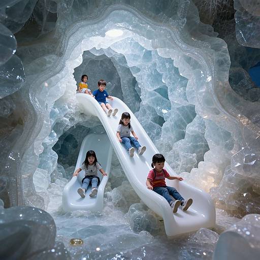 Photograph of five children sliding on glowing, translucent ice slides through a crystalline, cave-like ice structure with ethereal blue light.