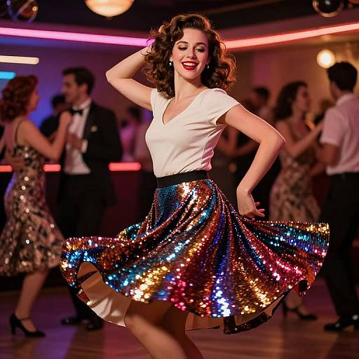 Vintage-style photograph of a smiling woman with curly brown hair, red lipstick, white blouse, and multicolored sequin skirt, dancing in a dim