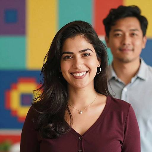 Vibrant Smiling Couple with Pixel Art Background