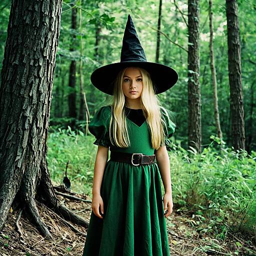 Young Girl in Witch Costume in Forest