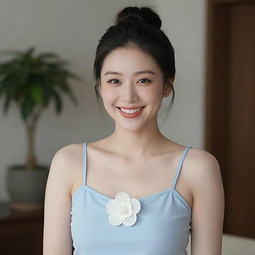 Smiling Asian Woman in Light Blue