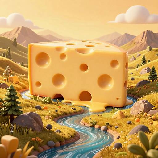 Photorealistic CGI of a giant Swiss cheese cube with large holes, standing in a sunny, mountainous landscape with a winding blue river and lush yellow