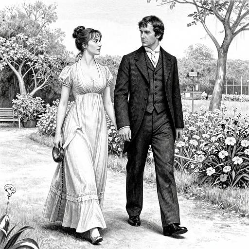 Black-and-white photograph of a couple in Victorian attire walking in a blooming garden; the woman in a long dress and the man in a three-piece