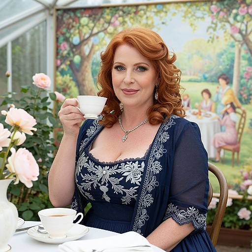 Photograph of a fair-skinned, red-haired woman with curled hair, wearing a blue floral dress, holding a white cup, seated at an outdoor