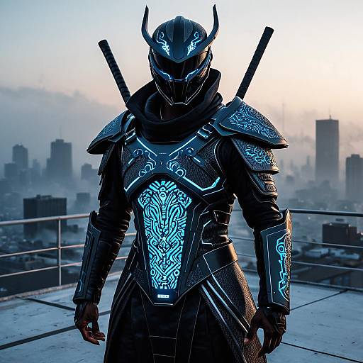 Augmented Street Samurai on Foggy Rooftop