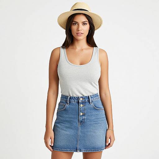 Photograph of a young woman with olive skin, wearing a white tank top, blue denim skirt, and beige straw hat, standing against a white background