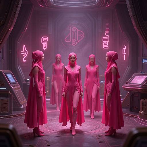 CGI image of five women in neon pink, futuristic dresses with hooded headpieces, standing in a sci-fi, neon-lit room.