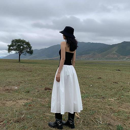 Woman in Black and White Outfit in Mountain Field