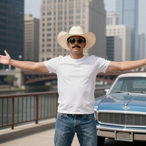 Urban Cowboy in Blue Cityscape