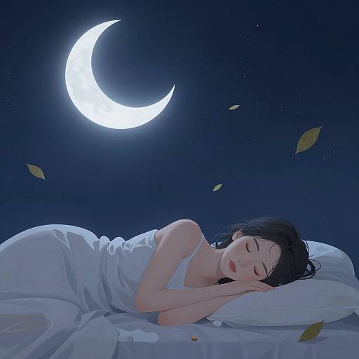 Digital painting of a sleeping woman with pale skin and black hair, under a white blanket, illuminated by a bright crescent moon in a dark, star