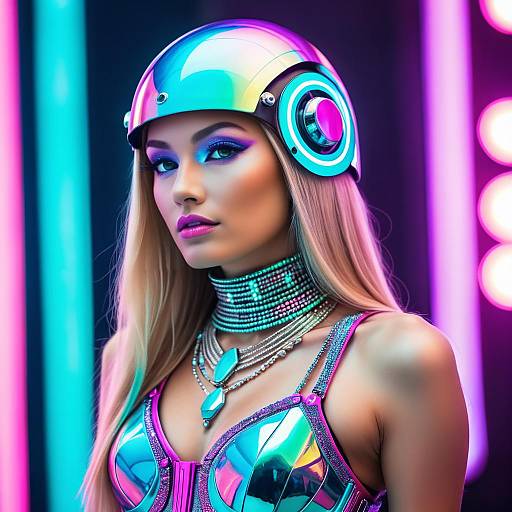 Futuristic Fashion Model with Iridescent Helmet