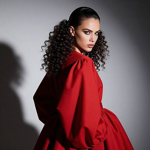 Photograph of a confident woman with curly black hair, wearing a vivid red, puffy-sleeved dress, looking over her shoulder against a gradient