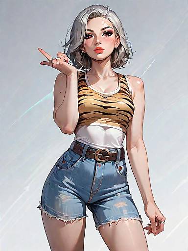 Stylish Woman in Tiger Print Tank and Denim Shorts