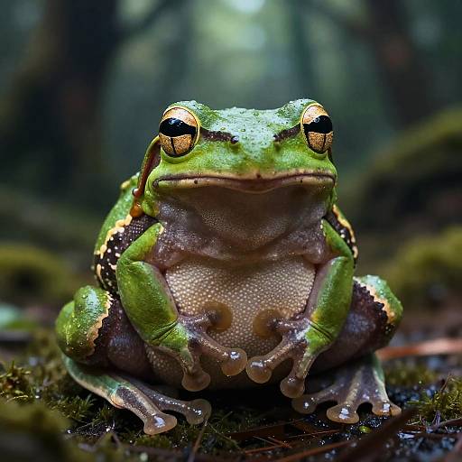 Close-up photograph of a vibrant green frog with yellow eyes, sitting on mossy forest floor, blurred dark green forest background.
