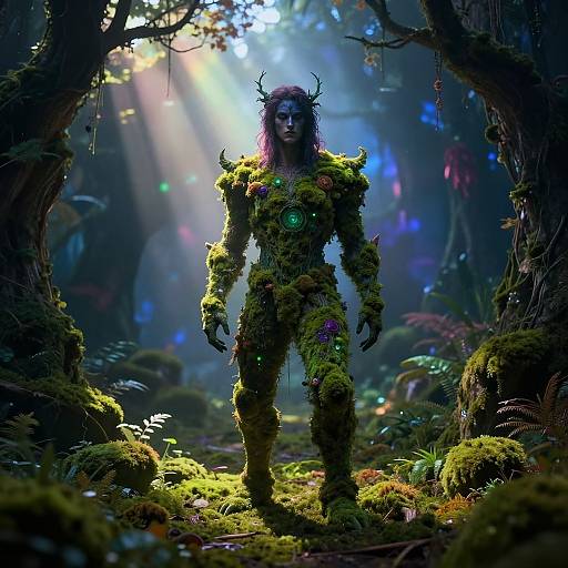 Digital fantasy artwork: Dark-skinned, horned female figure with moss-covered, glowing armor stands in a mystical, sunlit forest, surrounded by vibrant