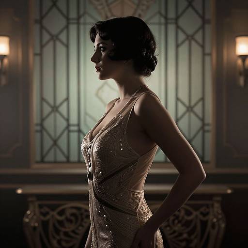 Photograph of a 1930s-style woman in a sparkling, gold-beaded, sleeveless dress, silhouetted against an Art Dec