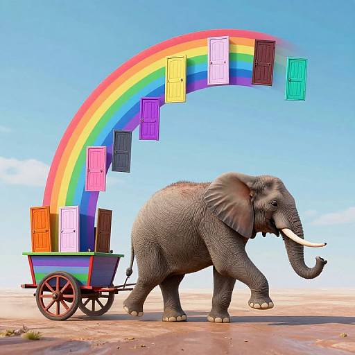 Photograph of a gray elephant pulling a colorful cart with rainbow-arcing doors, set against a bright blue sky over a desert.