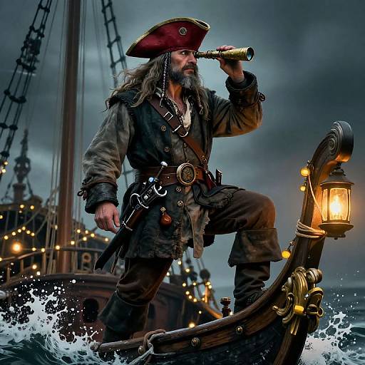 Norse Pirate Looking Through Spyglass on Ship Bow