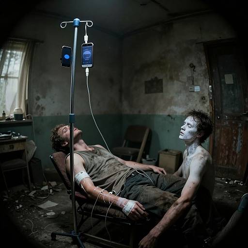 Photograph of two grimy, white-faced men in a dark, rundown room; one in a chair with an IV stand, the other sitting nearby