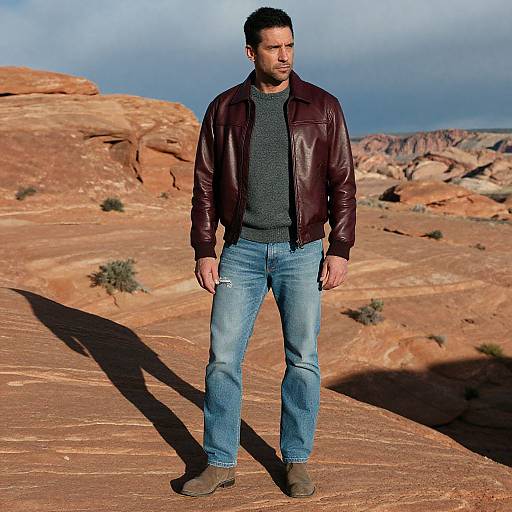 Man in Burgundy Bomber in Desert