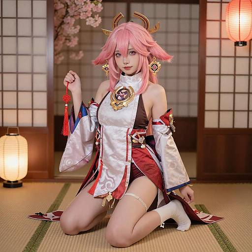 Pink-Haired Anime Cosplayer in Traditional Room