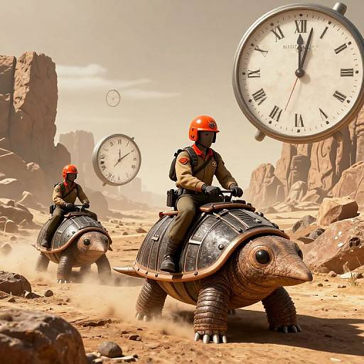 Photorealistic CGI of two soldiers in red helmets riding armored tortoise-like vehicles through a desert with large floating clocks.