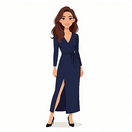 Digital illustration of a smiling woman with long brown hair, wearing a navy blue, long-sleeved, V-neck dress with a side slit, and