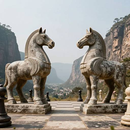 Photograph of two stone horse statues facing each other on a chessboard-like platform, with mountains and a village in the background.