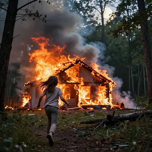 Photograph of a young girl with long brown hair running away from a burning house in a forest, with bright flames and thick smoke in the background.