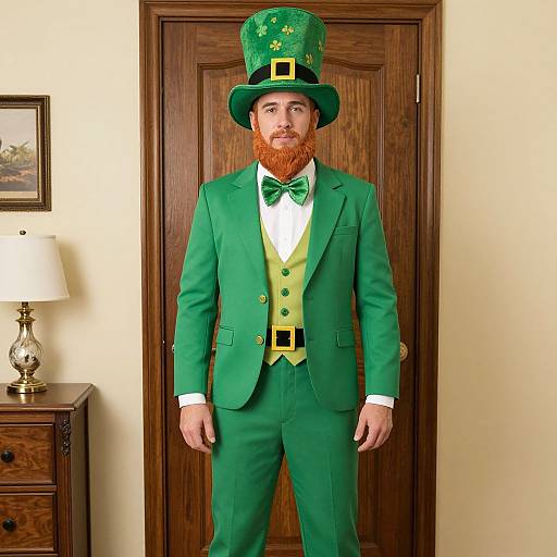 Photograph of a man with a red beard wearing a green St. Patrick's Day suit, hat, and vest, standing in front of a wooden