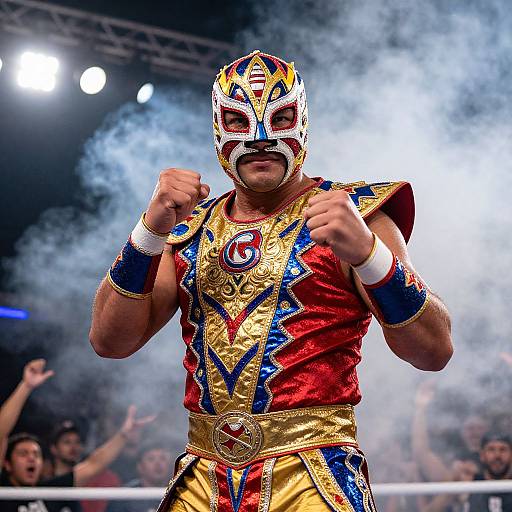 Photograph of a male luchador in a vibrant red, gold, and blue mask and costume, punching in a smoky wrestling ring.