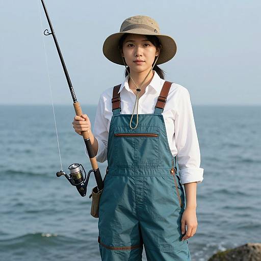 Photograph of an Asian woman with light skin, wearing a white shirt and blue overalls, holding a fishing rod by the ocean.