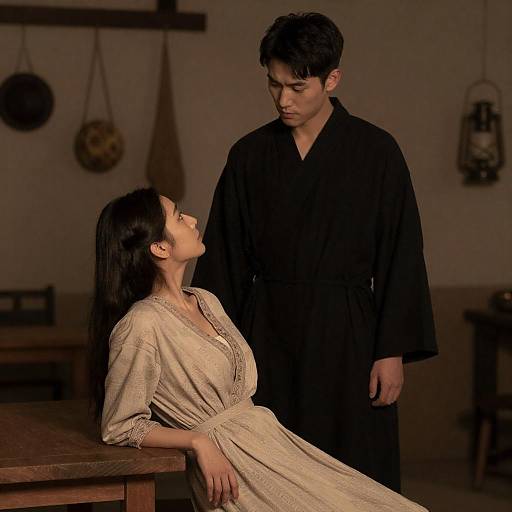 Photograph of a serious, dark-haired man in black robes standing before a seated, dark-haired woman in a beige dress, in a dimly lit