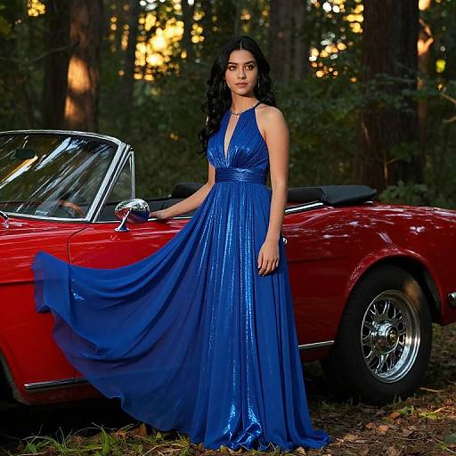 Photograph of a dark-haired woman in a shimmering blue evening gown standing beside a red convertible car in a forest.