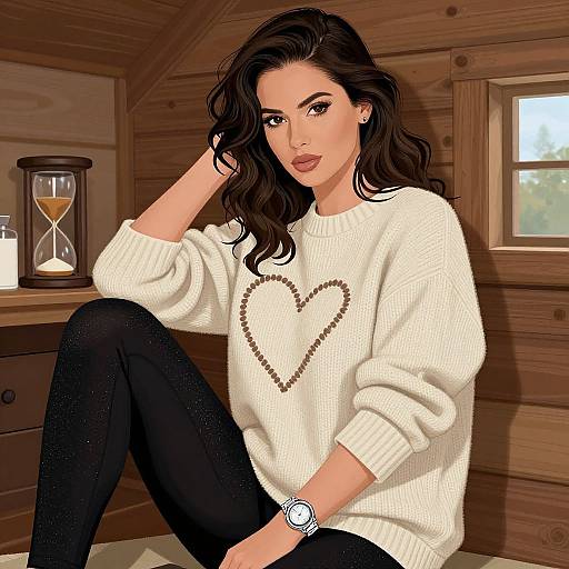 Digital illustration of a woman with long, wavy dark hair, wearing a white heart-patterned sweater, black pants, and a watch, sitting in