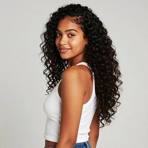 Photograph of a smiling young Black woman with long, curly black hair, wearing a white tank top and blue jeans, against a plain white background.