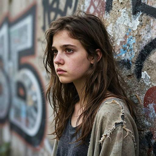 Photograph of a young woman with long, wet, brown hair and a serious expression, standing against a graffiti-covered, textured wall. She wears a