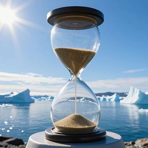 Photograph of a glass hourglass with sand flowing, set against a bright blue sky and icy ocean landscape with floating icebergs.