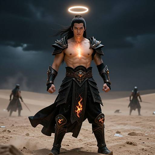 Muscular, shirtless warrior with glowing chest, black armor, and fire accents stands in desert under halo, surrounded by shadowy figures. Digital art