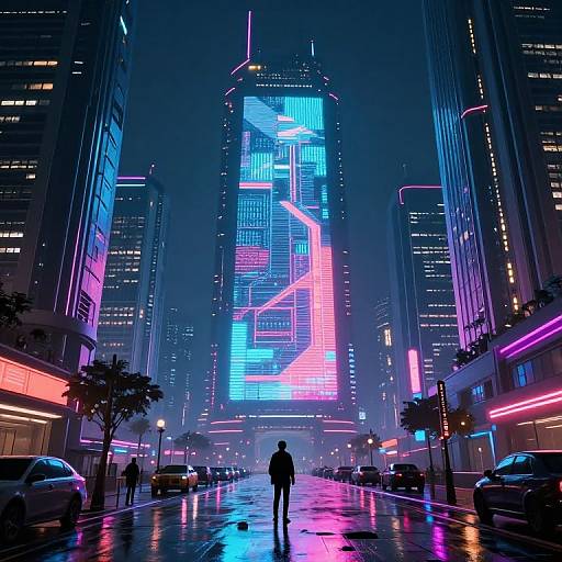 Neon-lit, futuristic city street at night, with a towering skyscraper displaying vibrant blue and pink digital patterns. Silhouetted figure stands