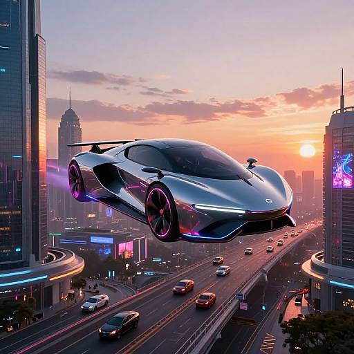 Digital art of a sleek, futuristic flying car with neon accents, hovering above a bustling, neon-lit cityscape at sunset.