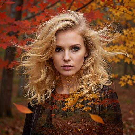 Photograph of a blonde woman with wavy hair, intense gaze, in a black top, surrounded by vibrant autumn leaves in a forest.