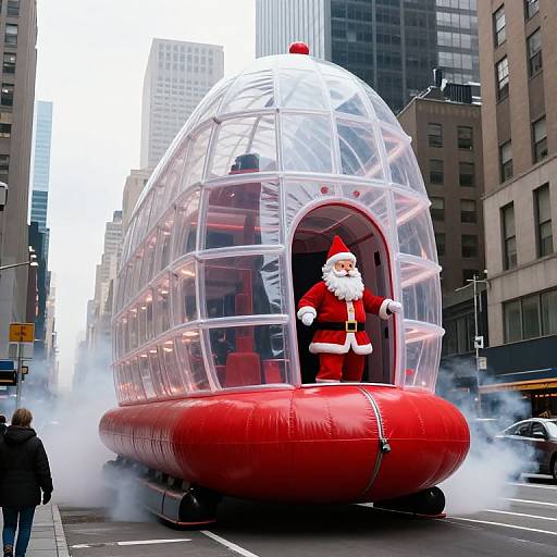 Photograph of a giant, transparent bubble-shaped Santa Claus float with a red base, driven through a city street with buildings, fog, and a person