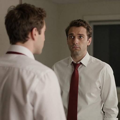 Man in White Shirt and Red Tie Looking in Mirror