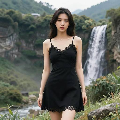 Young Asian woman in black lace-trimmed dress stands confidently before a cascading waterfall in lush, green mountains. Photorealistic photograph.