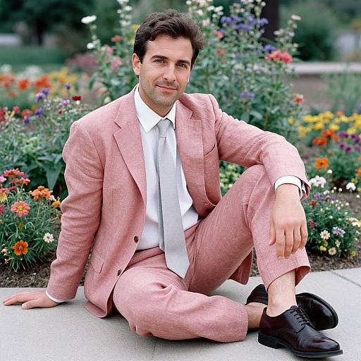Photograph of a smiling man with short brown hair, wearing a pink suit, white shirt, and black shoes, sitting in a colorful garden.