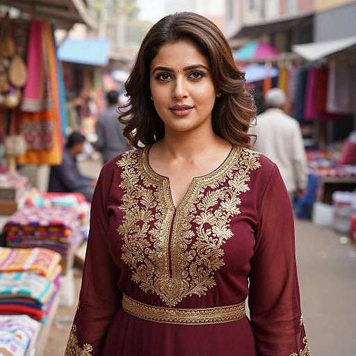 Photograph of a beautiful Indian woman with medium brown skin and wavy dark brown hair, wearing an ornate maroon and gold embroidered kurti