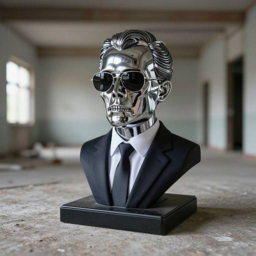 Photograph of a shiny, silver, bust of a man in a black suit, white shirt, black tie, and sunglasses, displayed on a black