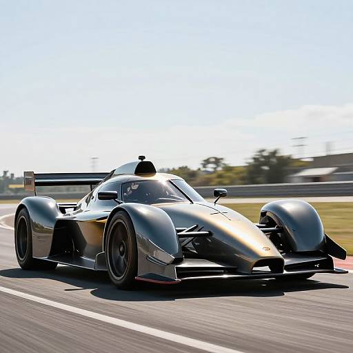Photorealistic CGI of a sleek, black and gold Formula 1 racing car speeding on a sunny racetrack, with blurred background.