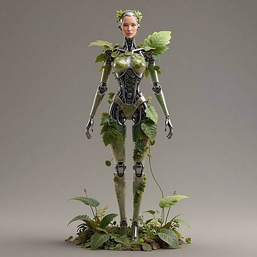 Digital art: Cybernetic woman with green leaf armor, foliage crown, and robotic limbs, standing on plant roots, gray background.